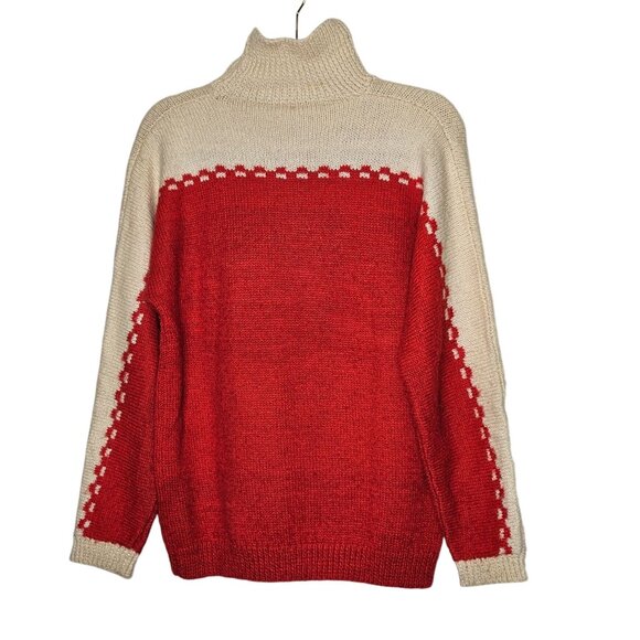 Vintage Red & Cream Handmade Acrylic Knit Sweater With Turtleneck Long Sleeves M - Picture 2 of 8